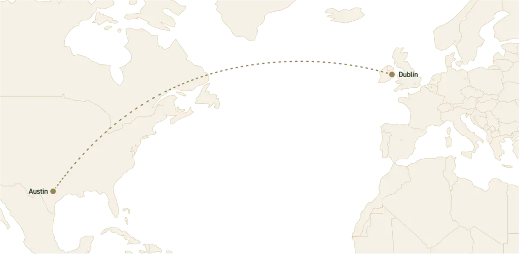 Map showing Palmer Shore's transatlantic reach between the United States and Europe