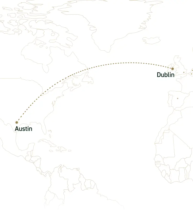 Line-art map tracing a transatlantic route between Austin and Dublin