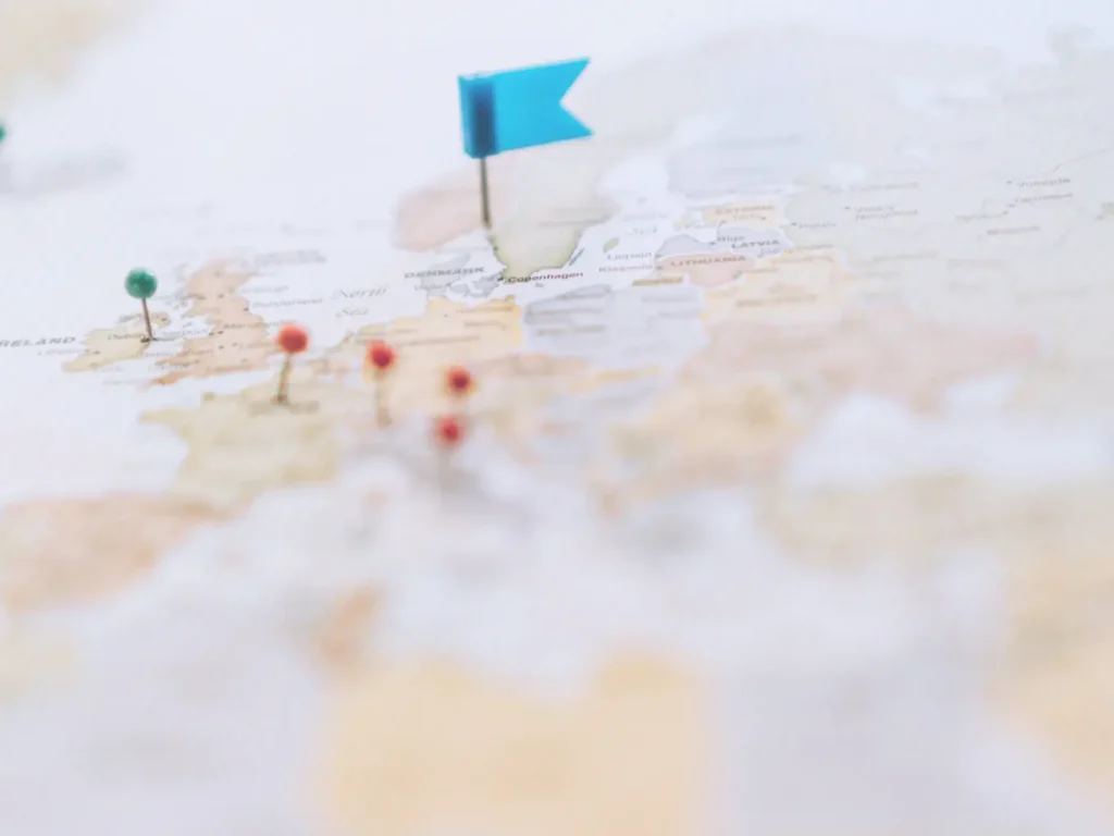 Map dotted with location pins marking project sites across Europe